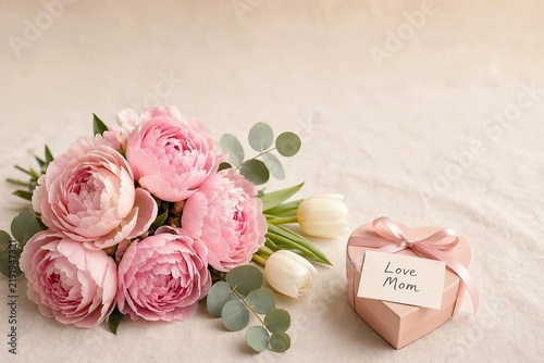 Cozy mothers backdrop with fresh flowers bouquet. Thanksgiving, Halloween, Harvest Festival. Flat lay. Background with copy space. Banner. Birthday, Wedding, Grandparents' Day, Veterans Day