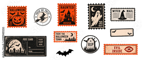 Vintage Halloween Postage Stamps and Labels Set with Spooky Retro Designs