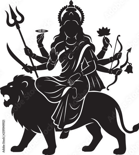 Silhouette illustration of hindu goddess durga riding a fierce lion