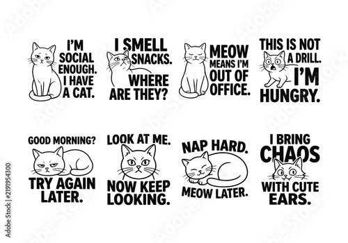 Sarcastic Cat Quotes T-Shirt Design Bundle with Cute Line Art Graphic