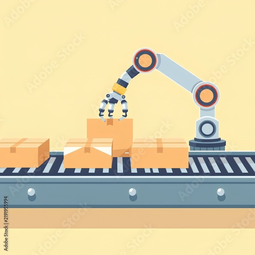 Robot arm stacking boxes on conveyor belt