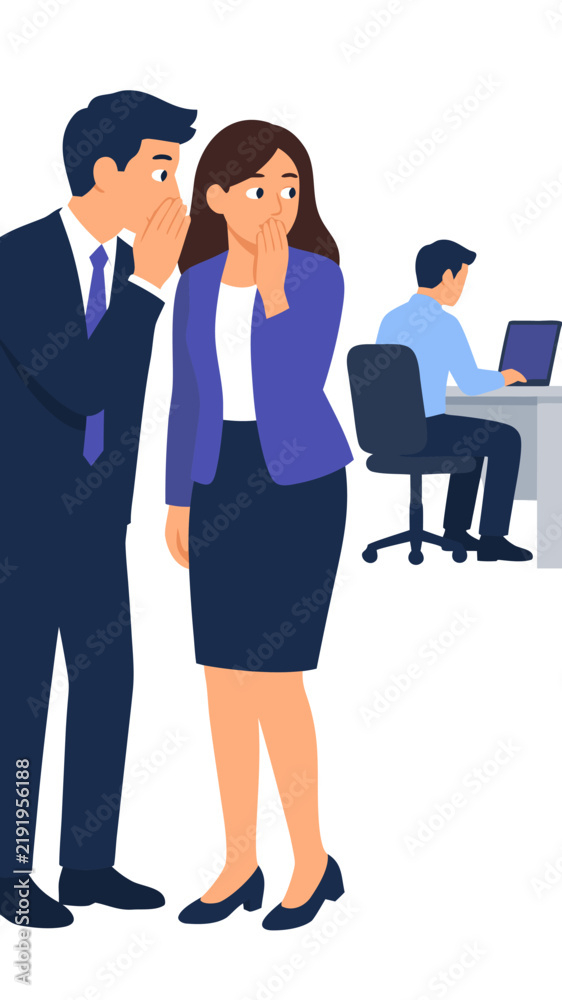 Obraz premium Two whispering corporate coworkers sharing office gossip while casting sideways glances at a busy colleague working at his desk vector artwork over an isolated clean plain white background