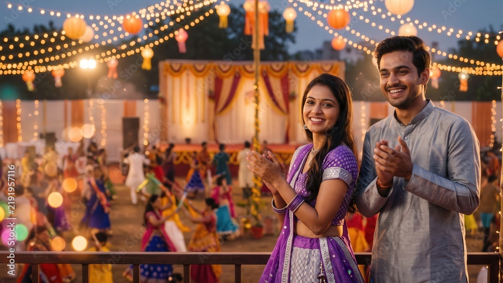 Fototapeta premium Couple Watching Garba Performance – Young Indian Pair Cheering from Festival Gallery.