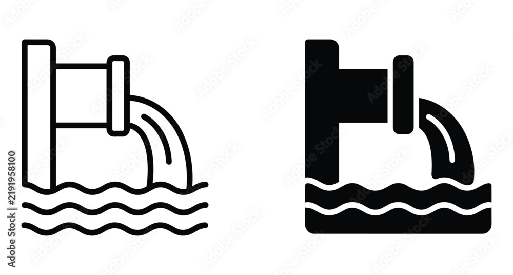 Obraz premium Industrial pipe discharging liquid waste into water waves icon set representing environmental pollution sewage drainage and toxic chemical disposal