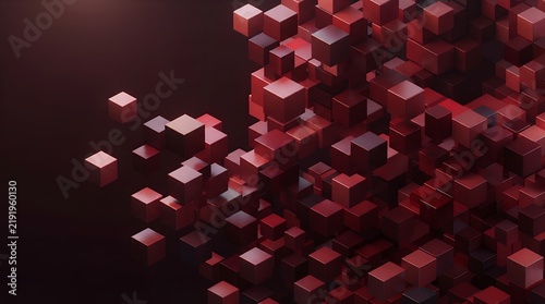 Obraz na płótnie Dynamic abstract red cube explosion, geometric 3D render, modern digital art background, vibrant cubic particles, technology and data visualization concept