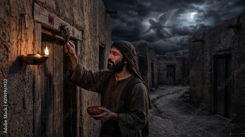 Fototapeta premium Jewish man marking doorpost with hyssop branch during Passover. Ancient village under dark stormy sky with angel of death. Biblical Passover story and Exodus tradition concept.