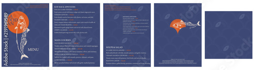 Restaurant menu Seafood template with seamless pattern set. Fish illustration minimalist layout, anchovy Ocean sea fish cuisine card background branding design