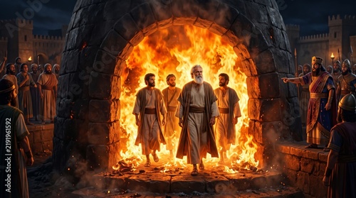 Three men in fiery furnace biblical story. King pointing at prophets walking unharmed in flames. Faith miracle and divine protection concept for religion and church.