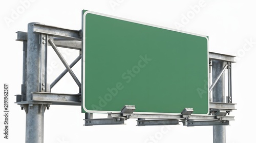 Large blank green highway road sign on a metal steel overhead support structure