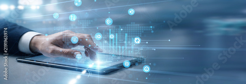 Plakat DevOps engineer streamlining development cycles, touch tablet and manage network deployment for DevOps integration, ensuring continuous delivery, system reliability, and operational efficiency.