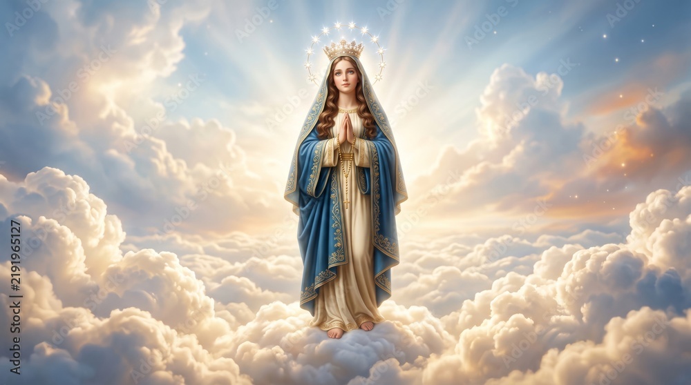 Fototapeta premium Virgin Mary standing on clouds with crown and rosary in praying hands. Heavenly sky with glowing light and stars surrounds the blessed mother.