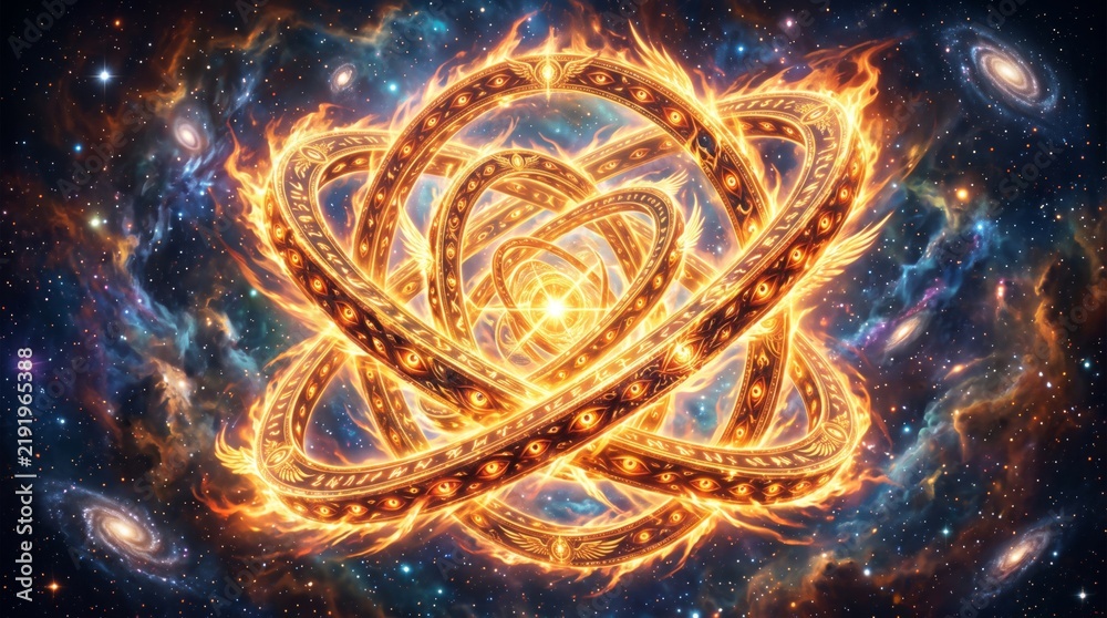 Fototapeta premium Fiery angelic wheels with eyes glowing in cosmic space. Mystical vision of celestial Thrones from biblical prophecy. Religious fantasy concept for spiritual and esoteric design.