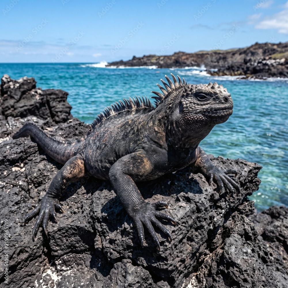 Fototapeta premium Marine Iguana Basking on Volcanic Rocks Beside Blue Ocean Waves