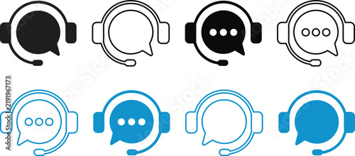Variety of customer service headset icons with speech bubbles in outline and filled styles on a white background