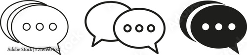Three variations of black and white speech bubble icons with ellipsis representing conversation and communication concepts