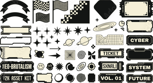 Abstract Retro Brutalism and Y2K Graphic Asset Collection with Cyber Badges, Checkered Flags, Tech Frames, and Cosmic Shapes for Streetwear Layouts