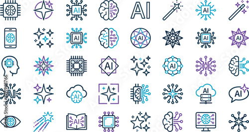 Artificial Intelligence Minimal Line Icon Set with Tech Brains, Microchips, Sparkles, and AI Symbols for Machine Learning Digital Graphic Designs