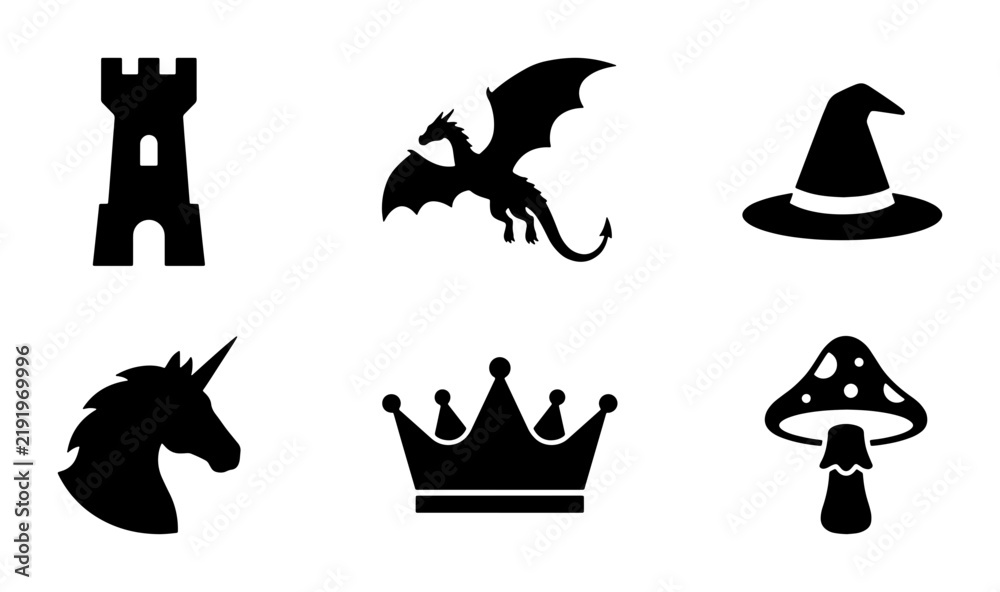 Fototapeta premium Fantasy Icons Set: Dragon, Unicorn, Castle, Crown, Witch Hat, Mushroom, Vector Graphics
