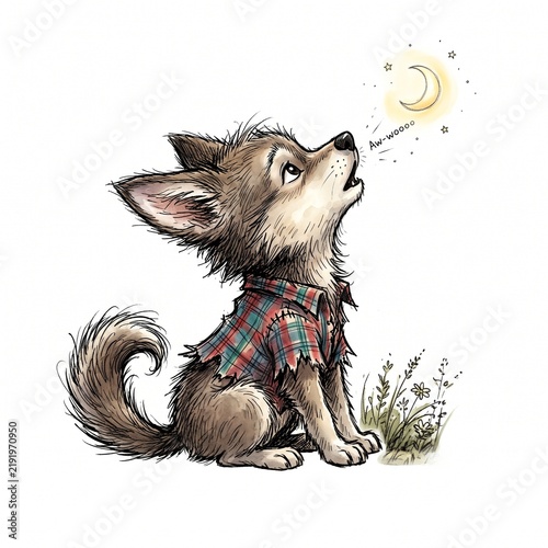 A cute cartoon wolf puppy wearing a plaid shirt howling at a crescent moon in a field with small glowing crescent grass howls small