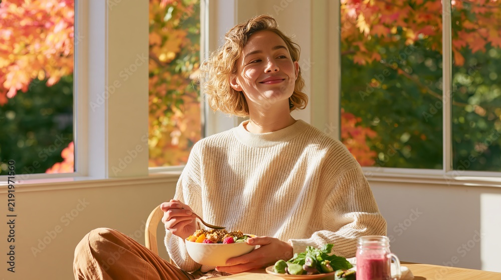 Obraz premium Young woman enjoying a smoothie bowl while sitting at a wooden table in a cozy room with large windows and autumn foliage visible outside