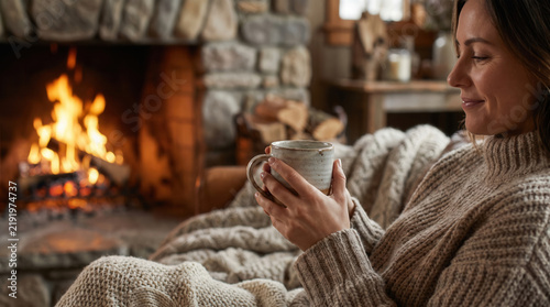 Woman in a knit sweater holding a warm mug while relaxing by a cozy stone fireplace at home