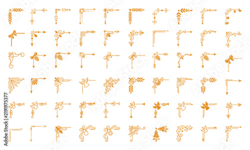 Golden ornamental christmas corner borders featuring angels and bows for holiday framing.