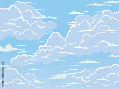 Anime Style Blue Sky and Fluffy White Cumulus Clouds Background