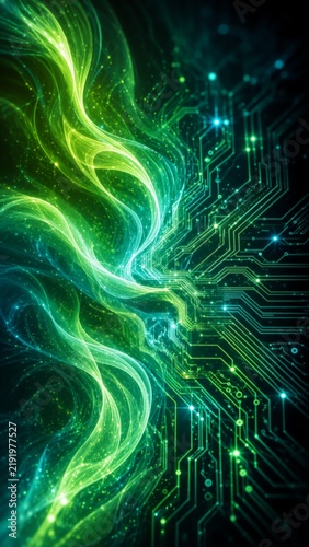 Glowing green energy waves sweep across a digital circuit board, creating a futuristic abstract background with luminous lines, nodes, and a high-tech concept.