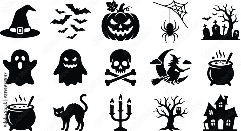 Fototapeta premium Set of black silhouette halloween icons including pumpkin witch ghost skull bat and haunted house isolated elements