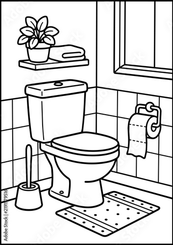 Cozy bathroom scene with toilet brush rug and toilet paper coloring page