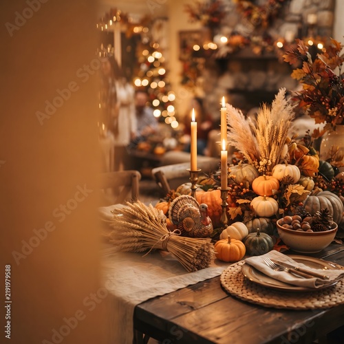 Festive thanksgiving table setting with roasted turkey sculpture candles.