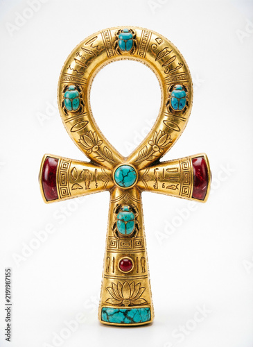 golden ankh with turquoise scarabs