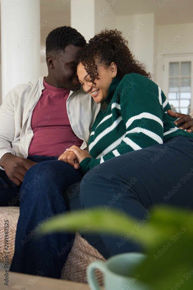 Fototapeta premium African American couple sitting on couch at home, leaning together, green knit, blurred plant, mug
