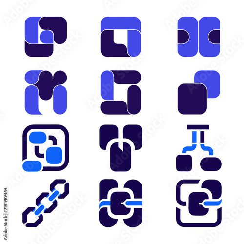 System integration and security link icon set vector for cloud data network and app UI design.
