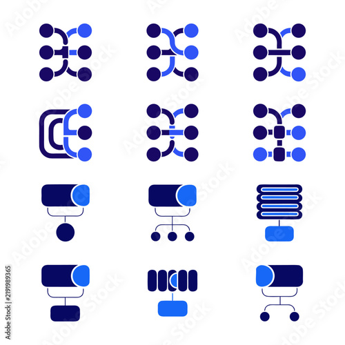 Server node and network topology icon set vector for database system and tech UI dashboard.