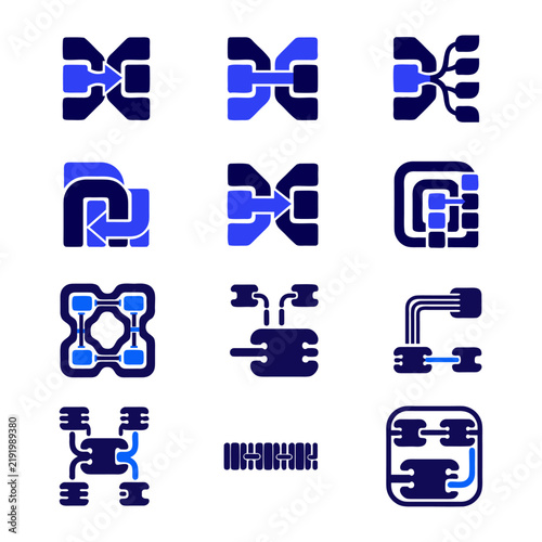 Abstract data exchange and circuit node icon set vector for technology UI and system diagram.