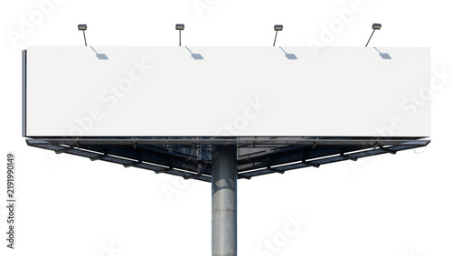 Large blank billboard with metal frame and spotlights, isolated on transparent background