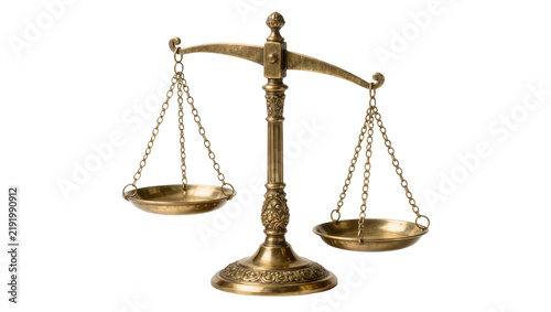 Antique brass balance scale with ornate details, isolated on transparent background
