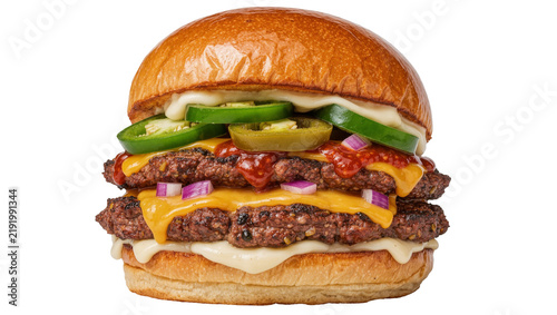 Juicy double beef patty burger with melted cheese jalapenos and red onion, isolated on transparent background