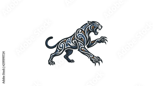 Tribal pouncing panther graphic with patterned fur.
