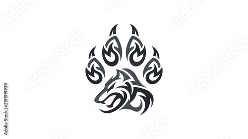 Tribal wolf head silhouette inside a predatory paw print.