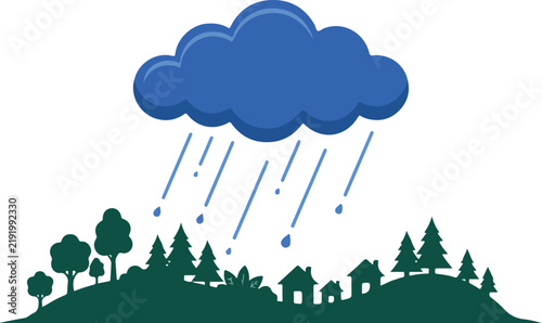 Rain falling from a dark cloud over a green village landscape