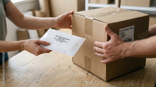 Hands exchanging a package and return label during a daytime delivery at a workshop table