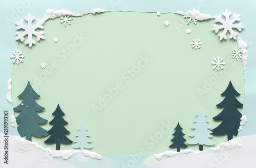 A winter theme with snowflakes and trees arranged around a blank space. It creates an opportunity for holiday greetings or decoration ideas Generative AI