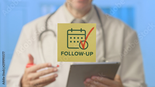 Doctor in white coat with stethoscope holding a tablet showing a calendar overlay and checked follow up reminder, representing medical appointment scheduling and patient care planning