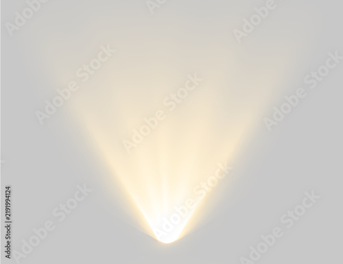Warm yellow spotlight beam projecting upward on transparent background. Stage illumination and wall light effect. Vector illustration for design overlay