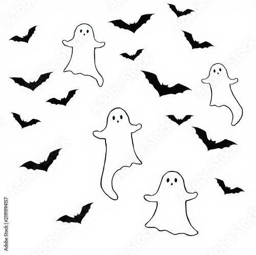 Halloween seamless pattern with black bats and cute ghosts silhouettes on white background