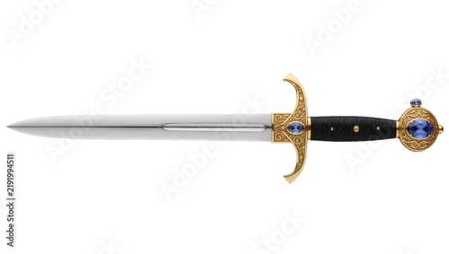 Ornate golden dagger with blue gemstones and black handle, isolated on transparent background