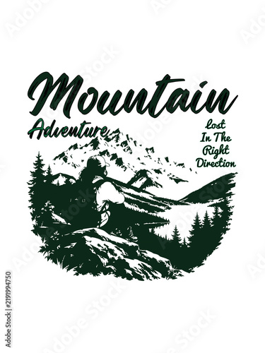 T-SHIRT DESIGN.
Vintage style mountain adventure illustration with forest and typography on black background