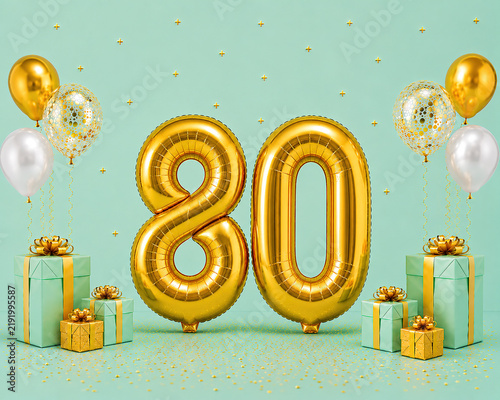 Gold 80 balloon number for 80th birthday anniversary celebration with gift boxes and confetti